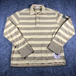Indian Motocycle Shirt Mens‎ Medium Beige Khaki Rugby Striped Long Sleeve Patch